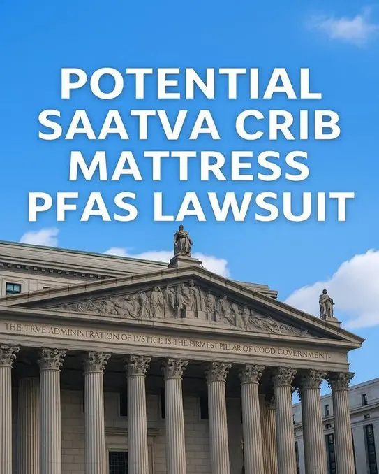 Potential Saatva Crib Mattress PFAS Lawsuit - Grant Firm Saatva crib mattress PFAS lawsuit illustration, showing a courthouse with a clear blue sky in the background, symbolizing chemical exposure claims.